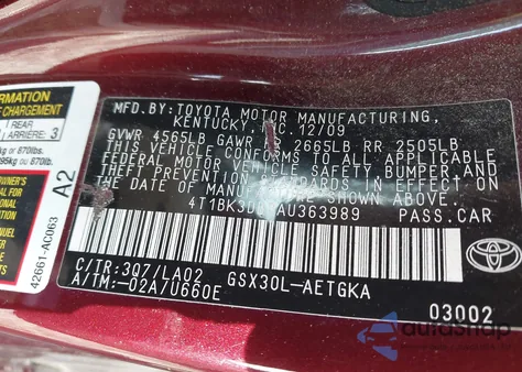 2010 Toyota Avalon z USA, uszkodzony, nr VIN 4TIBK3DB8AU363989